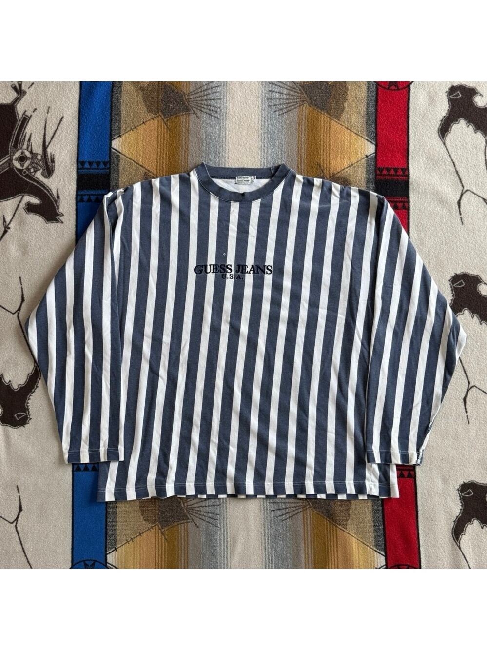 Vintage 90s Men’s Guess USA Long Sleeve Striped T-Shirt Size 2XL Embroidered